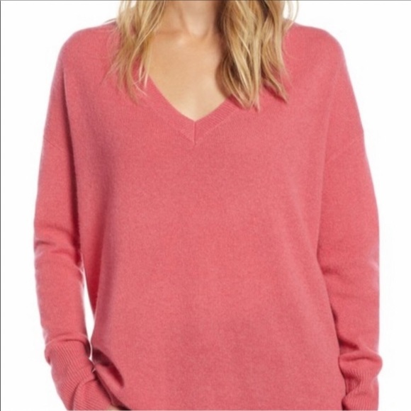 Halogen 100% cashmere  pink v-neck sweater oversized relaxed fit XXS petite - Picture 1 of 11